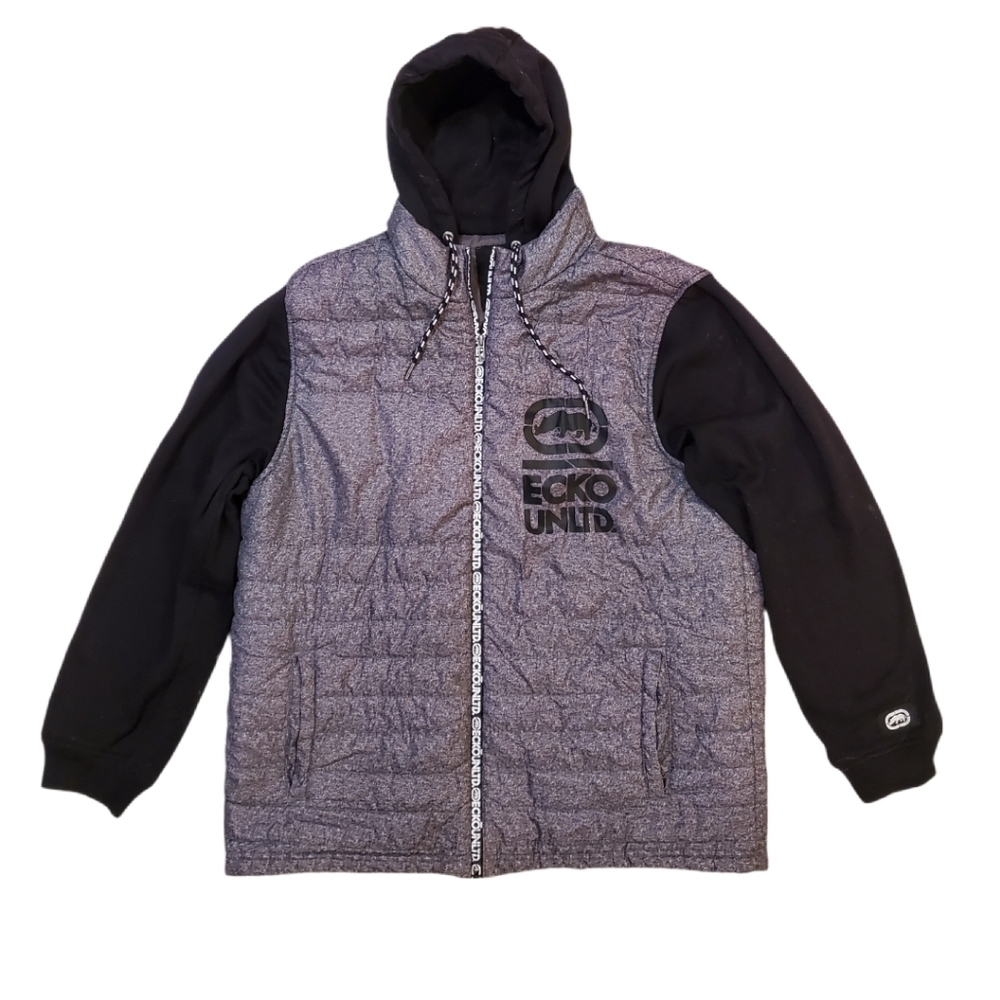 Ecko Unltd. Men's Gray Black Puffer Zip Up Hoodie Jacket XL‎